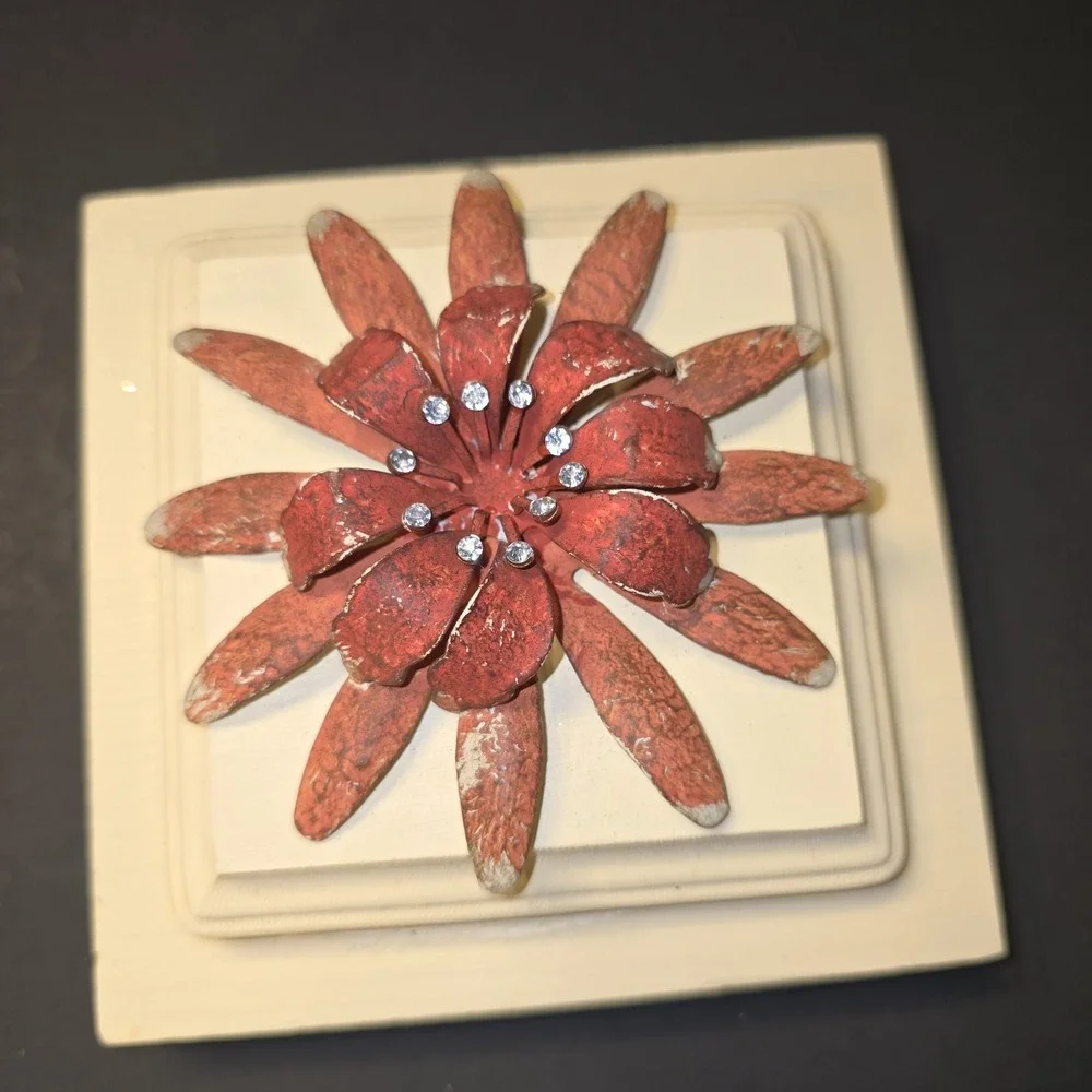 Unique Red Distressed Flower Wall Art with‎ Rhinestones Ready to Hang